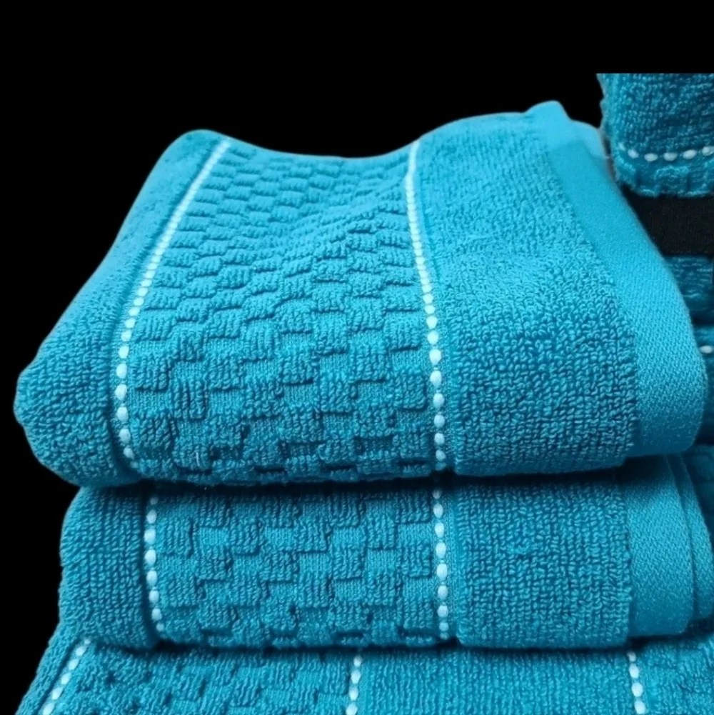 9pc DKNY White Textured Blue Dot Pin Stripe Bath Hand Washcloth Towel Set New